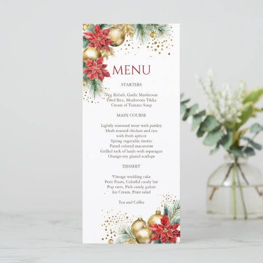 Kerstdiner waterverf rood goud poinsettia menu (Staand voorkant)