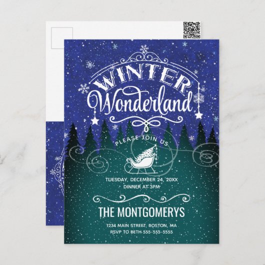 Kerstdiner Winter Wonderland Script Uitnodigen Briefkaart (Voorkant / Achterkant)