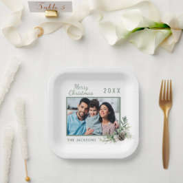 Kerstdiner witte kegel met foto naam papieren bordje
