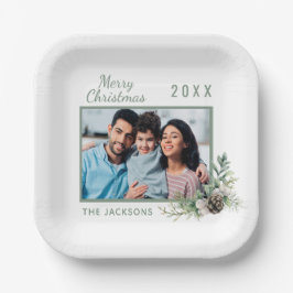 Kerstdiner witte kegel met foto naam papieren bordje