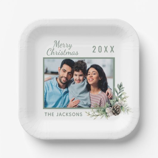 Kerstdiner witte kegel met foto naam papieren bordje (Voorkant)