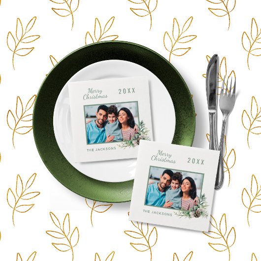 Kerstdiner witte kegel met foto naam servet