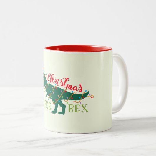 Kerstdino Dinosaur Funny T-Rex Boom Gift Tweekleurige Koffiemok (Voorkant rechts)