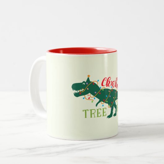 Kerstdino Dinosaur Funny T-Rex Boom Gift Tweekleurige Koffiemok (Voorkant links)