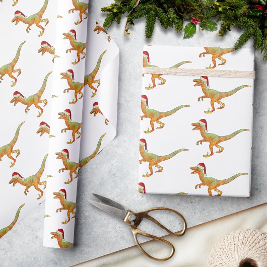 kerstdinosaur Raptor Cadeaupapier