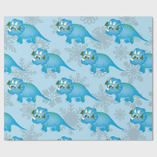 kerstdinosaur Snowflakes Cute Blue Kinderen Cadeaupapier (Vlak)