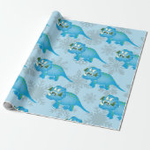kerstdinosaur Snowflakes Cute Blue Kinderen Cadeaupapier (Uitgerold)