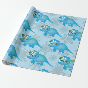 kerstdinosaur Snowflakes Cute Blue Kinderen Cadeaupapier