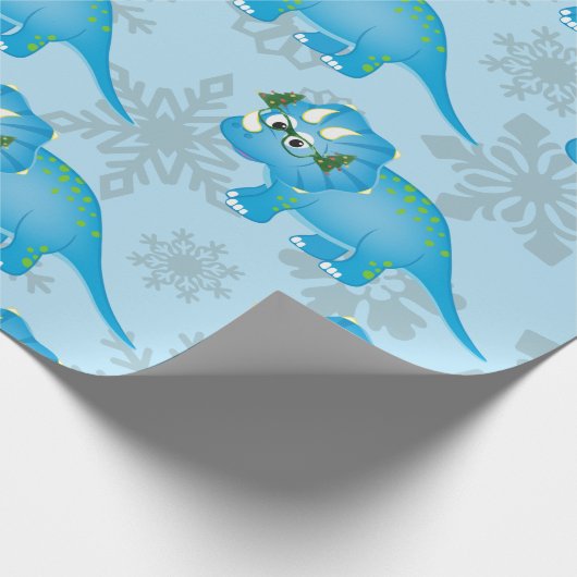 kerstdinosaur Snowflakes Cute Blue Kinderen Cadeaupapier (Hoek)