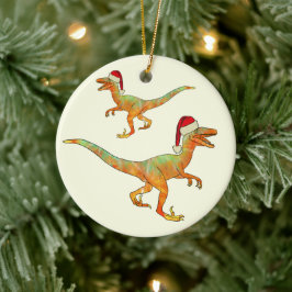 Kerstdinosaurr Velociraptor santa Keramisch Ornament
