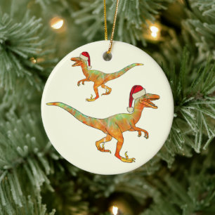 Kerstdinosaurr Velociraptor santa Keramisch Ornament