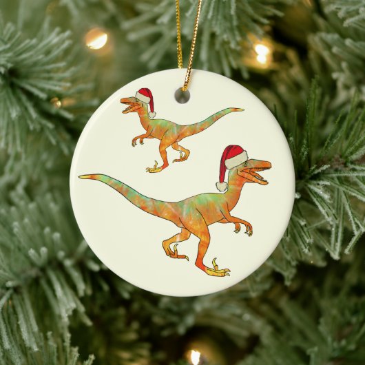 Kerstdinosaurr Velociraptor santa Keramisch Ornament (Boom)