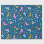 Kerstdinosaurus blauw cadeaupapier (Vlak)