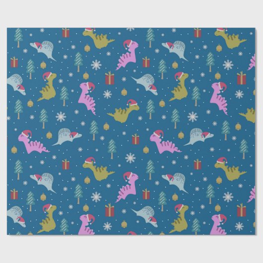 Kerstdinosaurus blauw cadeaupapier (Vlak)