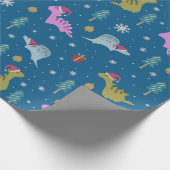 Kerstdinosaurus blauw cadeaupapier (Hoek)