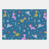Kerstdinosaurus blauw inpakpapier vel (Voorkant 3)