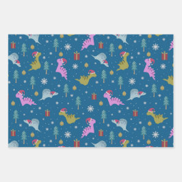 Kerstdinosaurus blauw inpakpapier vel