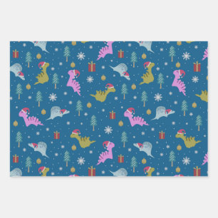 Kerstdinosaurus blauw inpakpapier vel