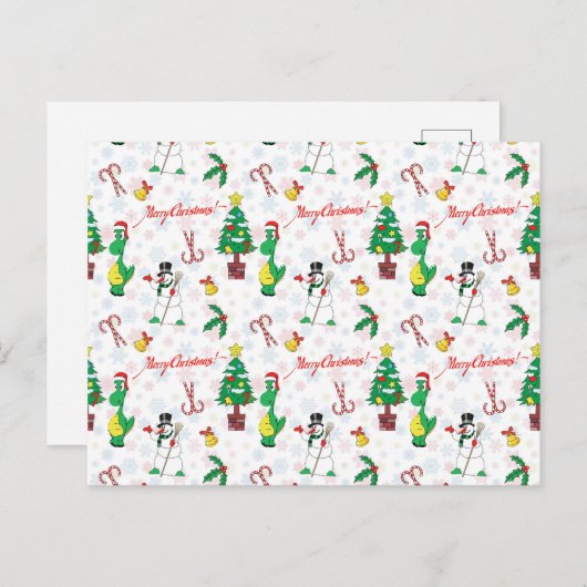 Kerstdinosaurus en sneeuwman briefkaart (Voorkant / Achterkant)