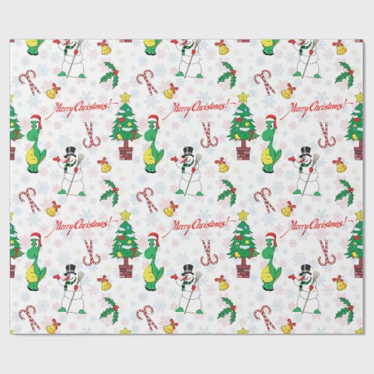 Kerstdinosaurus en sneeuwman cadeaupapier (Vlak)