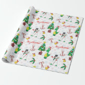 Kerstdinosaurus en sneeuwman cadeaupapier (Uitgerold)