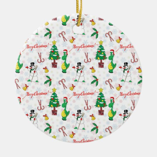Kerstdinosaurus en sneeuwman keramisch ornament (Voorkant)