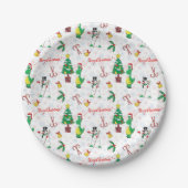 Kerstdinosaurus en sneeuwman papieren bordje (Voorkant)