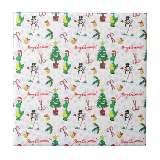 Kerstdinosaurus en sneeuwman tegeltje (Voorkant)