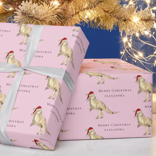 Kerstdinosaurus gepersonaliseerde meisjesnaam cadeaupapier