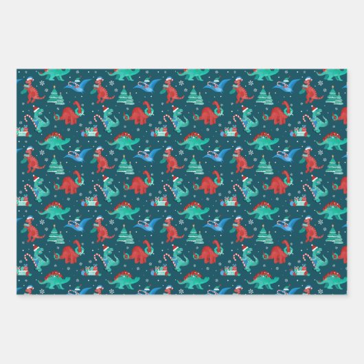 Kerstdinosaurus Kinder leuke wintervakantie Inpakpapier Vel (Voorkant 3)
