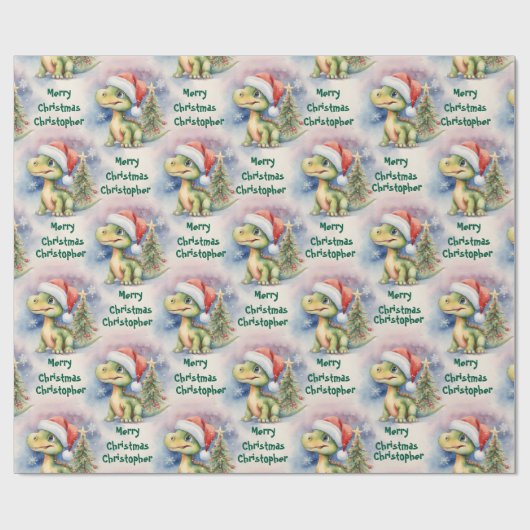 Kerstdinosaurus Santa Hat Cadeaupapier (Vlak)