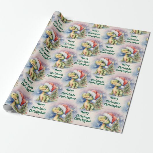 Kerstdinosaurus Santa Hat Cadeaupapier (Uitgerold)