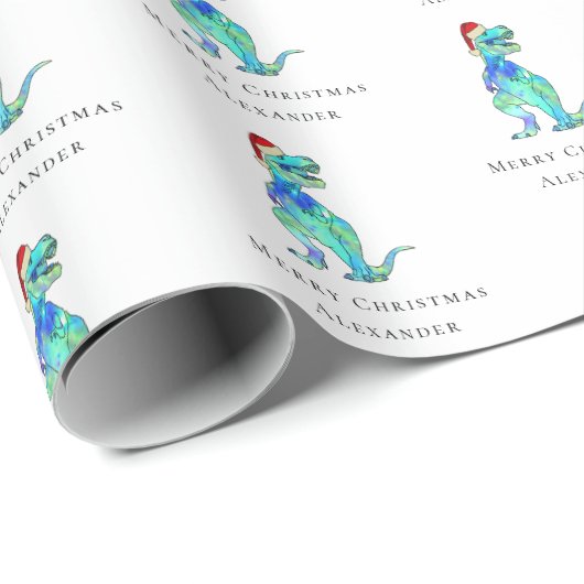 Kerstdinosaurus T-Rex gepersonaliseerd Cadeaupapier (Rol Hoek)