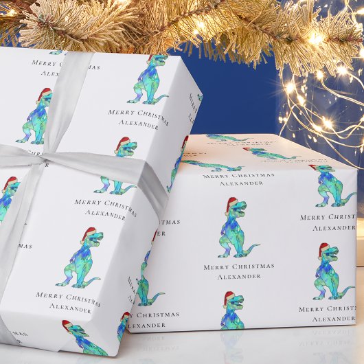 Kerstdinosaurus T-Rex gepersonaliseerd Cadeaupapier