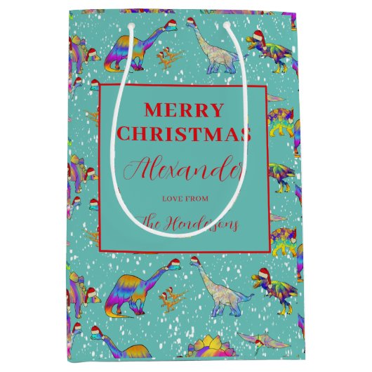 Kerstdinosaurussen gepersonaliseerd medium cadeauzakje (Voorkant)