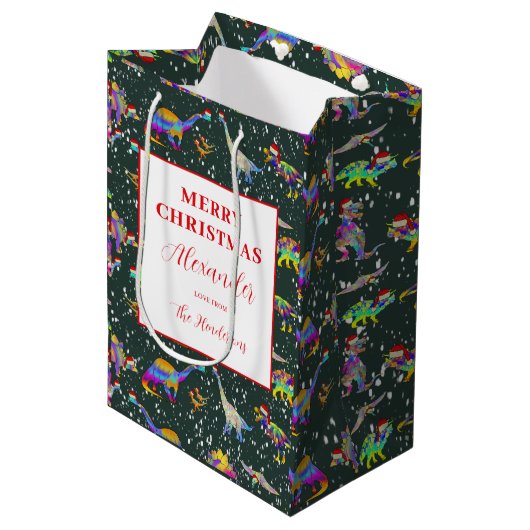 Kerstdinosaurussen gepersonaliseerd medium cadeauzakje (Voorkant Gekanteld)