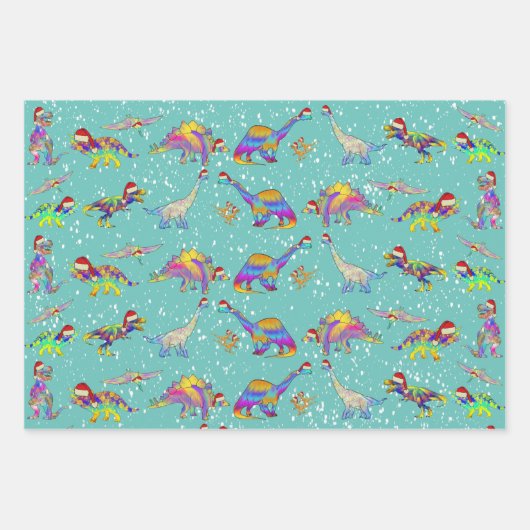 Kerstdinosaurussen in de sneeuw inpakpapier vel (Voorkant)