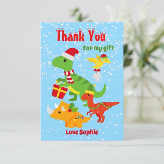 Kerstdinosaurussen Kinder Bedankkaart (Staand voorkant)