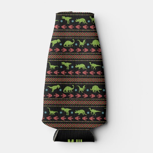 Kerstdinosaurussen Knit Embroided Monogrammed Flesjeskoeler (Voorkant)