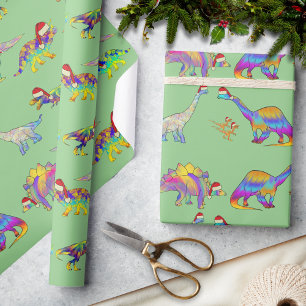 Kerstdinosaurussen met kerstmutsen patroon cadeaupapier