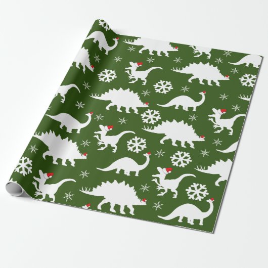 Kerstdinosaurussen & sneeuwvlokken cadeaupapier (Uitgerold)