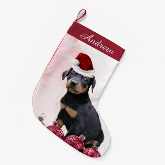 Kerstdoberman Pinscher puppy stocking Kleine Kerstsok (Voorkant (Hangend))