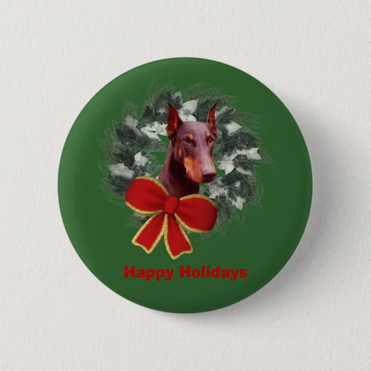 Kerstdoberman Wreath Bow Holiday Button Pin (Voorkant)