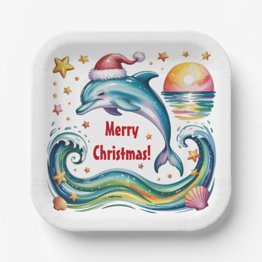 Kerstdolfijn in het paradijs papieren bordje (Voorkant)