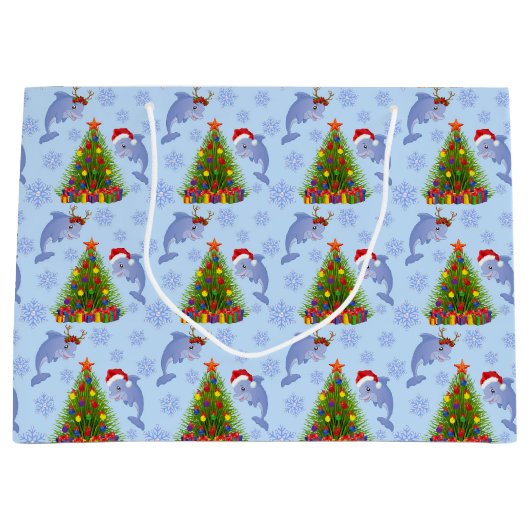 kerstdolfijn in zeeweddenschap met boompatroontas groot cadeauzakje (Voorkant)