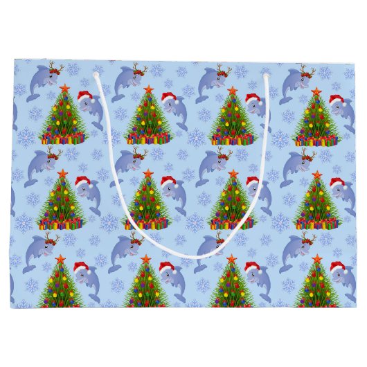 kerstdolfijn in zeeweddenschap met boompatroontas groot cadeauzakje (Achterkant)