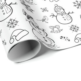 Kerstdoodle Snowman Funny Black and White Cadeaupapier
