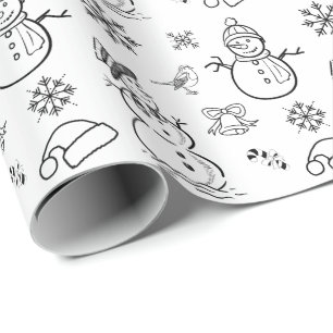 Kerstdoodle Snowman Funny Black and White Cadeaupapier
