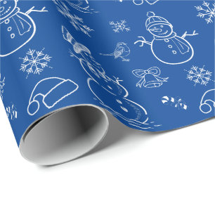 kerstdoodle Snowman Funny Blue en White Cadeaupapier
