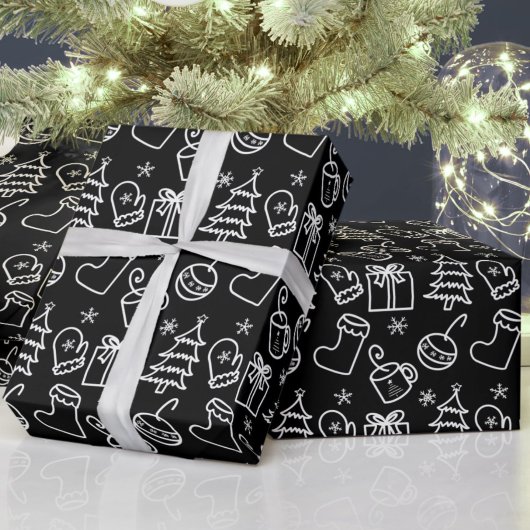 Kerstdoodles Zwart & Wit Minimalistisch cadeau Cadeaupapier